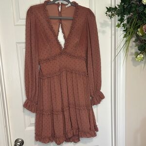 Elegant Ruffled Swiss Dot Brown/ Rust Dress
